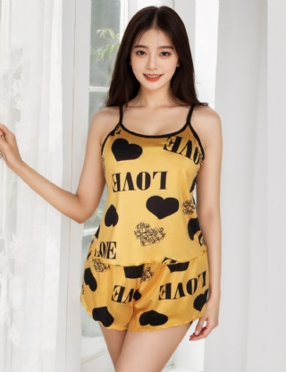 Yellow Print Suspender Home Wear Pajama Set