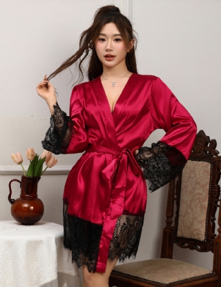 Red Elegant Sleepwear Silk Eyelash Lace Long Sleeves Nightdress With G String