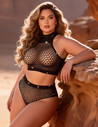 Black Two Piece Fishnet Rhinestone See Through Top and Shorts Set