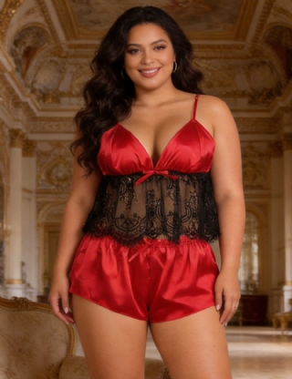 Plus Size Hollow Sexy Sleepwear Satin Lace Splicing Pajama Sets